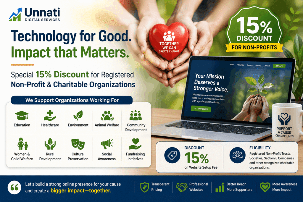 15% discount on our website development and digital services for registered non-profit and charitable organizations