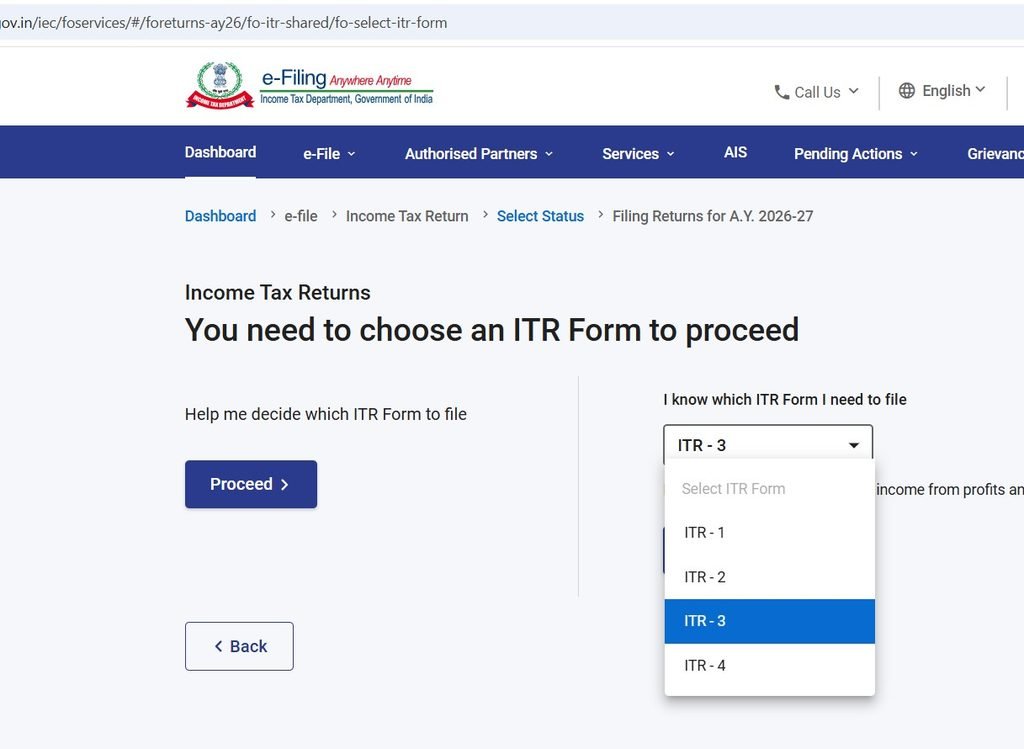 income tax portal to select ITR form 3 or form4