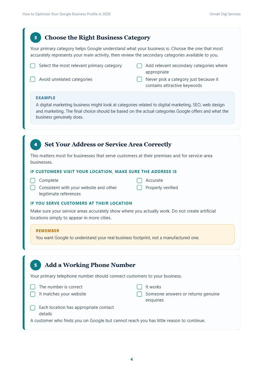 Sample report page with step-by-step checklists for the Google Business Profile guide
