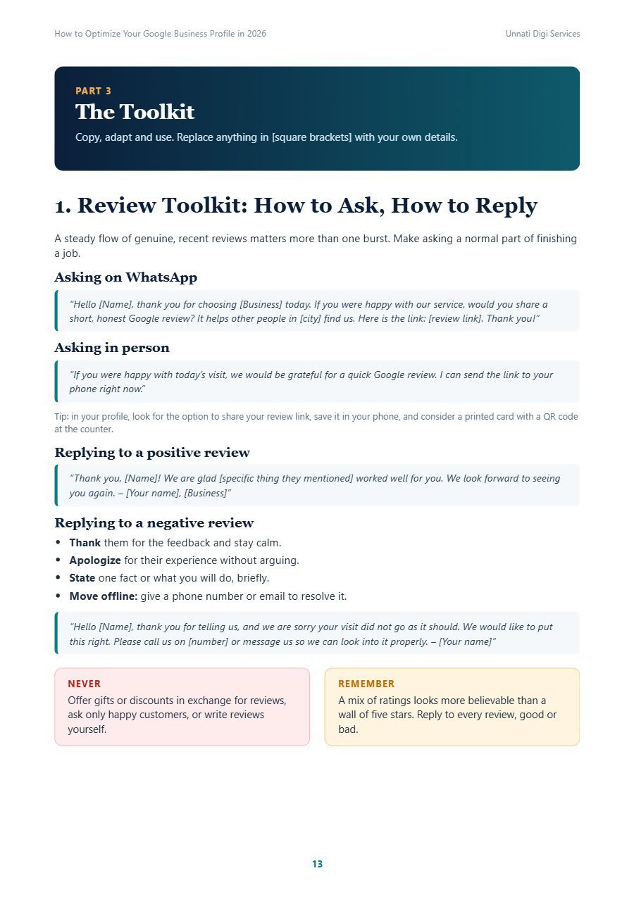 Sample report toolkit page with review request and reply templates