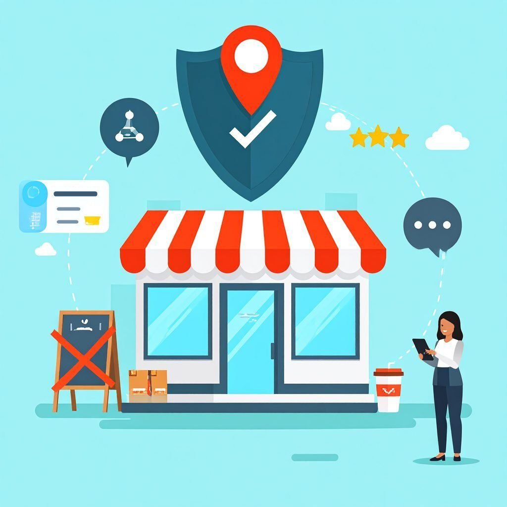 Illustration of a shield protecting a small business storefront with a map pin and star rating