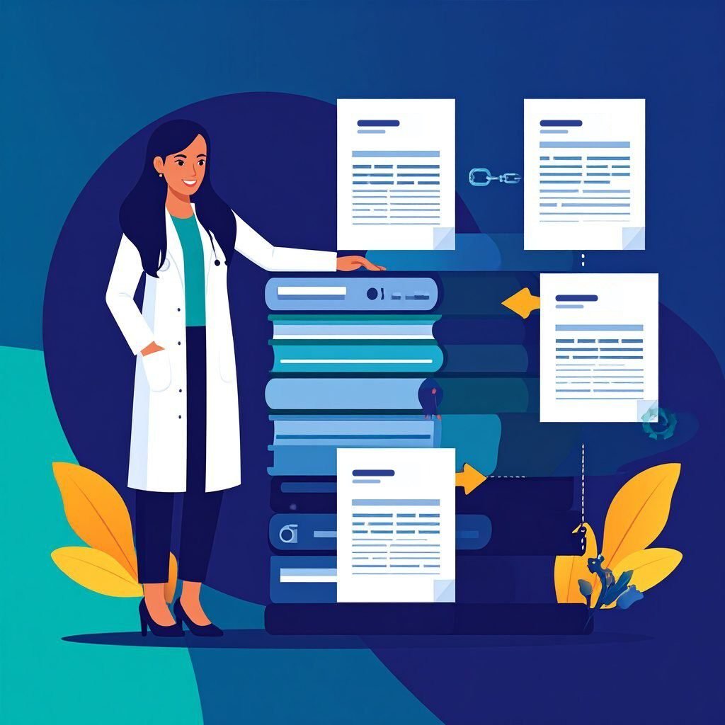 Illustration of a doctor beside a stack of authority report pages linked to web pages