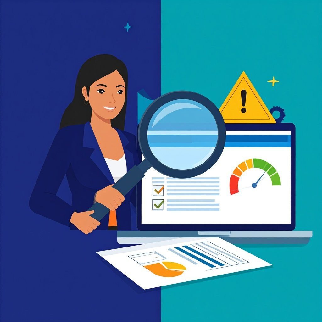 Illustration of a consultant checking a website audit with a magnifying glass